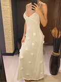 Elegant 3d Flower Knitted Dresses For Women V-neck Backless Sleeveless Lace Up Female Maxi Dress Summer Lady Beach Dress V6211