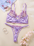 Women Purple Floral Embroidery Lace Lingerie Set Satin Sheer Mesh Bra Thong 2‑Pieces Intimate Underwear ZA825246