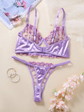 Women Purple Floral Embroidery Lace Lingerie Set Satin Sheer Mesh Bra Thong 2‑Pieces Intimate Underwear ZA825246