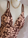 Vintage Coffee Floral Print Two Piece Swimsuit 2026 Women V Neck Slim Dress High Waist Short Swimsuit Beach Bathing Suit Bikini