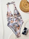 Tiger Printed Halter Deep V Neck One Piece Swimsuit Women Swimwear Female Backless Monokini High Cut Bathing Suit Swim Bodysuit