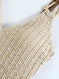 Vintage Beige Ribbed Swimwear Skirt Set Women Metal Buckle Strap V Neck Hollow Out Backless Bathing Suit One Piece Swimsuit 2026