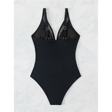 S - XL New Sexy Mesh Sheer V Neck Women Swimwear One Piece Swimsuit Female High Leg Cut Monokini Bather Bathing Suit Swim V5136