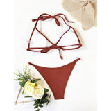 XS - L Ribbed Halter Bikini Women Swimwear Female Swimsuit Four-pieces Bikini set With Sarong Bather Bathing Suit Swim V3152B