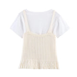 Fashion Casual Hollow-out Knitwear Women Cream White Crochet Knit V Neck Button Front Ruffle Hem Sleeveless Casual Crop Top 38V2