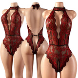 Summer Women Red Crotchless Lingerie Halter Lace Hollow Backless Bodysuit Erotic Costumes Transparent Deep V Sexy Underwear Sets