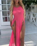 Summer Bikini Cover Up Women Beach Sundress Sexy Mesh Sheer Long Dress Solid See-through Sleeveless Strap Beach Dress