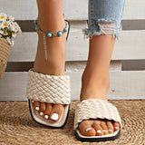 Classic Plus Size Woven Slippers for Women Summer Square Toe Low Heel Slides Sandals Woman Outdoor Pu Leather Beach Flip Flops