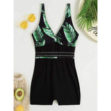 New V Neck Leaves Printed Shorts One Piece Swimsuit Women Swimwear Female Monokini Padded Bather Bathing Suit Swim Lady K4142