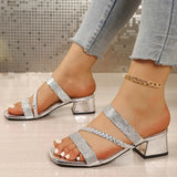Luxury Gold Thick Heeled Sandals Women Summer Plus Size Square Toe Crystal Sandles Woman Fashion Slip On High Heel Party Shoes