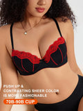 Women's Sexy Contrast Color Lace Push Up Bra Underwire Adjustable Straps Red Lace Trim Comfortable Lingerie