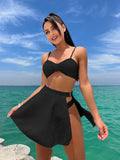 Sexy White Black 3 Piece Bikinis Sets Women Front Bow Push Up Split Mesh Skirt Swimsuit 2026 Beach Bathing Suit Thong Swimwear
