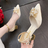 ZOKI Fashion Pearl Buckle Square Heels Pumps Women Pointed Toe Bling Crystal Party Shoes Woman Elegant Med Heels Bride Shoes