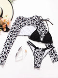 Leopard Printed Long Sleeve Beach Cover-up Bikini Women Swimwear Female Swimsuit Three-pieces Bikini Set Micro Bathing Suit Swim