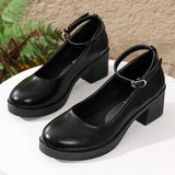 Black Thick Heeled Mary Jane Shoes Women Plus Size 42 Ankle Buckle Platform Pumps Woman Office Pu Leather High Heels Shoes Mujer