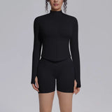 Women's Seamless Yoga Sets Sports Fitness Gym Zipper Long-Sleeve Jacket Hip Lift High-Waist Shorts Suits Workout Training Sets