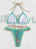 Floral Print Halter Ruffle Frilled Bikini Women Thong Swimwear Female Swimsuit Two-pieces Bikini Set Bathing Suit Swim Beachwear