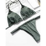 PU Pleated Ruched Bikinis Mini Micro Thong Bikini Women Swimwear Female Swimsuit Two-pieces Bikini Set Halter Bathing Suit Swim