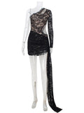 Ahagaga Sexy Sheer Women's Mini Dresses Lace Solid Sheath Long Sleeves One Shoulder Ribbon Sheath Slim Fit Streetwear Vestidos