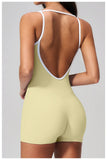 Tight Fitting One-piece Yoga Suit Women Color Bloack Square Collar Hollow Out Backless Butt-Lifting Gym Sports Short Jumpsuit
