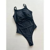 Metal Ring Backless Black Women Swimwear One Piece Swimsuit Female Brazilian High Leg Cut Padded Bather Bathing Suit Swim V7512