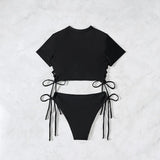 2026 New 2 Piece Swimsuit for Women Solid Color Sexy Drawstring Short Sleeve Bikini Set Beach Vacation Bathing Suit Swimwear