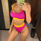 New Sexy Ribbed Splicing Female Swimsuit High Waist Bikini Women Swimwear Two-pieces Bikini Set Bather Bathing Suit Swim V2329
