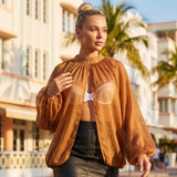 Women's Spring Summer Solid Color Sheer Blouse Glitter Long Sleeve Mock Neck Open Front Tops Streetwear