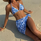 With Sarong Printed Halter Bikini Women Swimwear Female Swimsuit Three-pieces Bikini set Padded Bather Bathing Suit Swim V6966