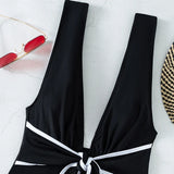 Black One Piece Swimsuit for Women 2026 Summer New Bikini,high Waist Contrast Belt Swimwear,deep-V Neck Backless Bathing Suit