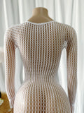 Women Sheer Mesh Long Sleeve Beach Cover Up, Sexy See-Through Fishnet Dress, Solid Bodycon  For Summer Beach Party