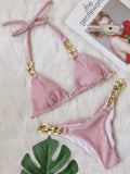 Halter Ribbed Metal Chains Diamond Bikini Women Swimsuit Female Swimwear Two-pieces Bikini Set Bather Bathing Suit Swim Lady