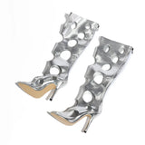 Big Size 43 Sexy Black Hollow Out Summer Boots Women White Thin High Heels Knee High Boots Stiletto Zip-up Peep Toe Party Shoes