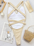 Splicing V Neck Cross Backless Women Thong Swimwear One Piece Swimsuit Female Monokini High Leg Cut Bathing Suit Swim Beach Wear