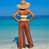 Sexy Bandeau Bikini Set 2025 Women Khaki Patchwork Front Metal High Waist Mesh Panties 3 Piece Swimsuit Bathing Suit Swimwear