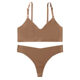Cotton Female Underwear Set Short skin care kits Ribbed Brassiere Sexy Thong Low Waist Panties Women Seamless Bra Lingerie Set