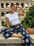 Foridol Floral Embroidery Cropped Pants Women Summer Casual Zip Navy Blue Fashion Female Pants Pantalones 2025 Mujer