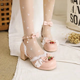 Women's White Pink Bowknot Single Sandals Ruffles High Heels Girls Student Mary Janes Lolita Party Dress Shoes Size 32-48 French