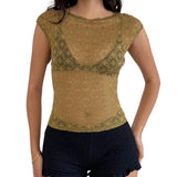 Women Summer Solid Color Sheer Lace Crop Tops Cap Sleeve Scoop Neck Solid Color T-Shirts