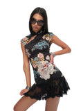 New Chinese style cheongsam hip-covering skirt Royal sister style tight lace national style printed fashion dress