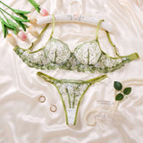 Fresh green  floral embroidered lace lingerie set-Sexy see-through chiffon half-cup shaping bra thong two-piece set ZA825194