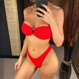 Sexy Wrinkled Bandeau Strapless Bikini Women Swimwear Female Swimsuit Two-Pieces Bikini Set Bather Bathing Suit Swim Lady V3367L