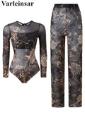 S - XXL New Printed Long Sleeve With Pants Women Swimwear One Piece Swimsuit Female Floral Padded Bather Bathing Suit Swim V7176