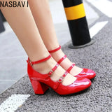 NASBAVI Spring Women Pumps Thick Block High Heel Patent Leather Round Toe Autumn Office Dress Party Bridal Red Lady Shoes 34-43