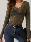 Trendy Women See Through Lace Tops Long Sleeve V Neck Slim Fit Shirts Retro Sexy Blouses Streertwear