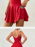 Naked Breathable Tennis Dresses with Built-in Pocket Shorts Women Color Contrast Hollow Out Backless Sports Golf Pleate Dress