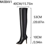 NASBAVI Super High Slim Heel Peep Toe Hollowed Boots Zipper Elastic Boots Leopard Print Flock Material Over The Knee Boots 35-48