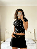 Summer Women's Cropped Tee Top Short Sleeve Round Neck Dot Pattern Slim Fitted T Shirt Streetwear