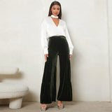 Autumn Winter Velvet Wide-Leg Pants Elegant Ruffled High-Waisted Straight-Leg Pants for Lady Casual Commuter Loose-Fit Trousers