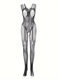 Sheer Floral Jacquard Fishnet Bodysuit - High Stretch, Open Chest, Women's Sexy Lingerie Crotchless Bodystockings Erotic Outfits